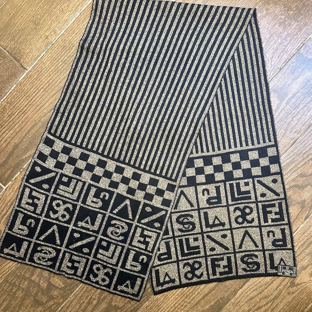 Vintage Fendi Jeans Wool Knit Scarf Roma Italy Geometric Checkerboard Rare